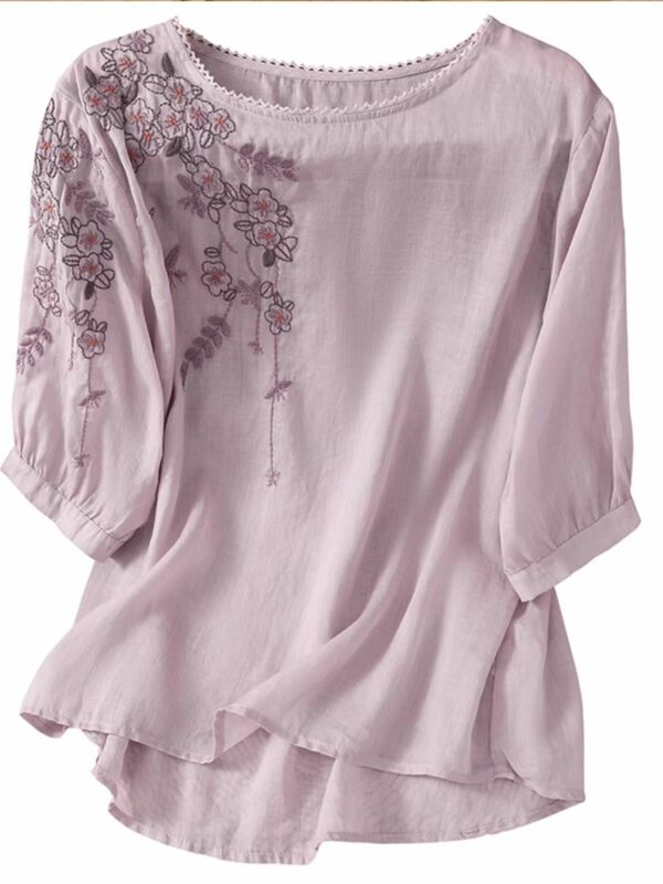 Top bordado flor com decote em o feminino, camisa elegante de verão, workwear manga 3/4, algodão solto casual, estilo feminino, L360, 2024