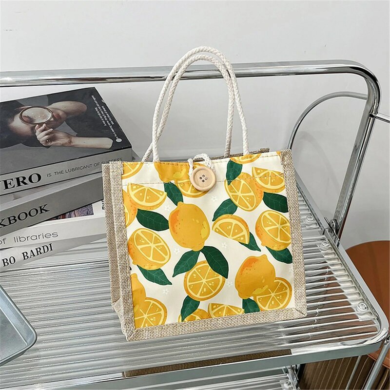 Bolso de mano de lona para mujer, bolsa de lino con cremallera y botón, de gran capacidad, con estampado de frutas, portátil, para compras y almuerzo