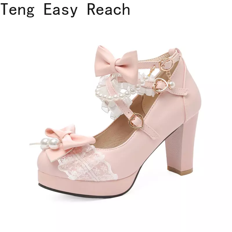 Cross Strap Women High Heels Mary Jane Pumps Party Wedding Cosplay White Pink Black Strawberry Bow Princess Cosplay Lolita Shoes