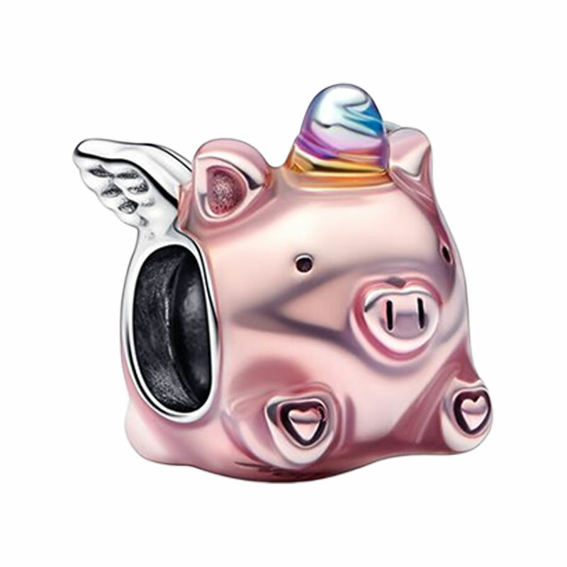 Flying Unicorn Pig Charm For Women 925 Sterling Silver Jewelry Pink Enamel Coat Spiralling Rainbow Horn Grooved Wings Heart Feet
