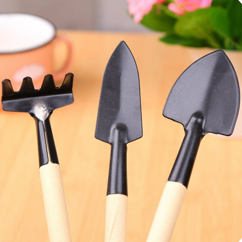 Mini outils de jardinage avec manche en bois en acier inoxydable, pelle, râteau, bêche pour fleurs et plantes en pot, 3 pièces/ensemble