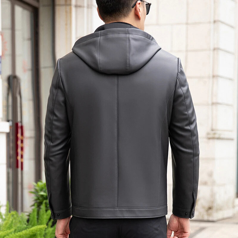 ZDT-8016 Winter New Men's Genuine Leather Down Coat With White Duck Fill Hat Detachable Casual Business Thickened