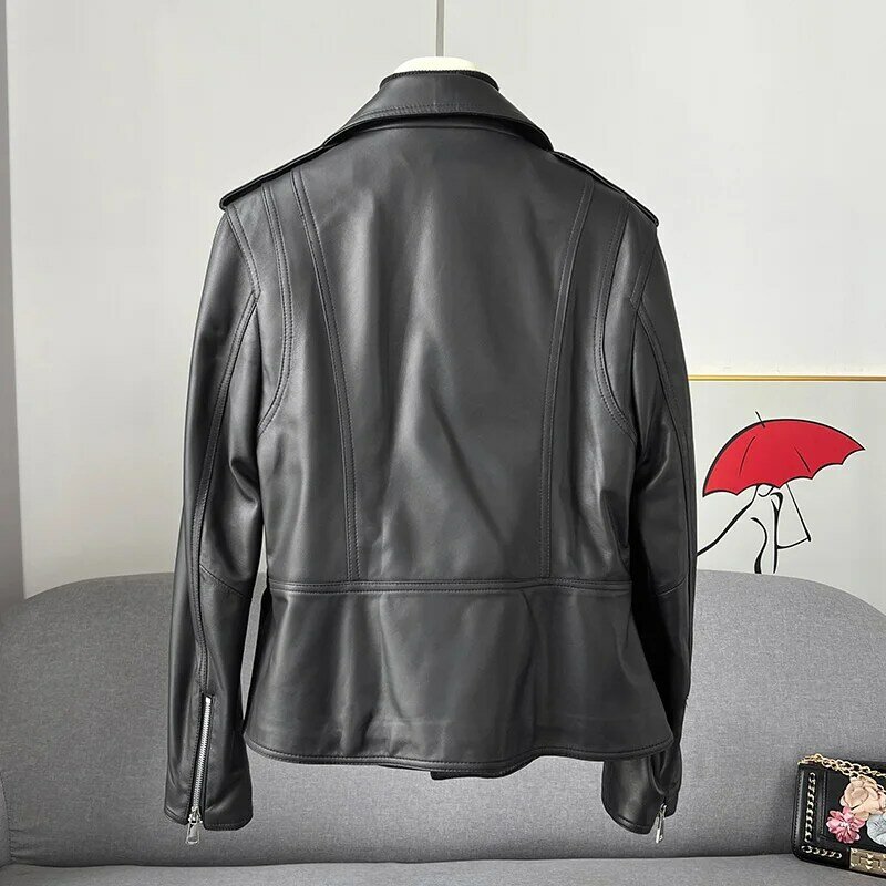 Women Genuine Leather Jacket Turn Down Collar Sheepskin Coat Belt Full Sleeve Biker Jackets Lady Streetwear FG5400
