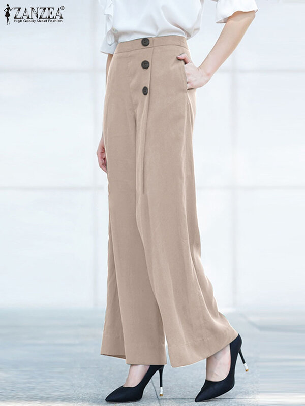 Винтажные брюки ZANZEA с завышенной талией, широкие брюки, женские летние костюмные брюки 2024, элегантные бриджи, большие размеры