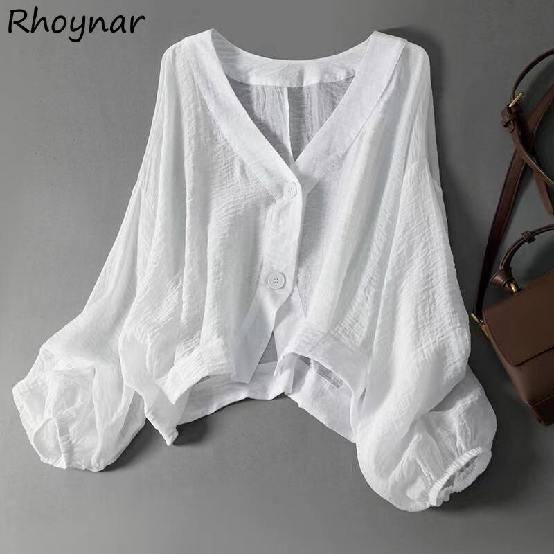 Solid Shirts Women Summer Girls Batwing Sleeve Loose Thin Seethrough Leisure Ulzzang V-Neck Sun-proof Clothing All-match Simple
