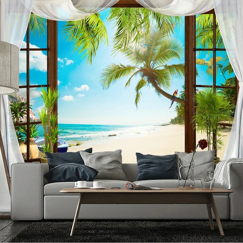 Tapeçaria de parede grande janela 3D, decoração estética do quarto, paisagem do oceano Boho, decoração do quarto pendurado, casa