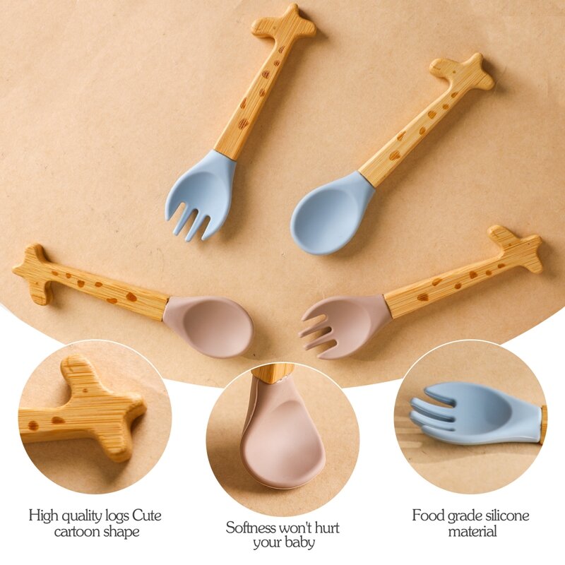 Tenedor de bambú de 2 piezas para bebé, cuchara de alimentación de madera de silicona para bebé, accesorios de alimentación para niños pequeños, regalo de grado alimenticio orgánico sin BPA