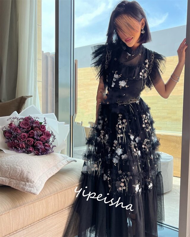 Prom Dress Net Applique Christmas A-line O-Neck Bespoke Occasion Gown Midi Dresses Saudi Arabia