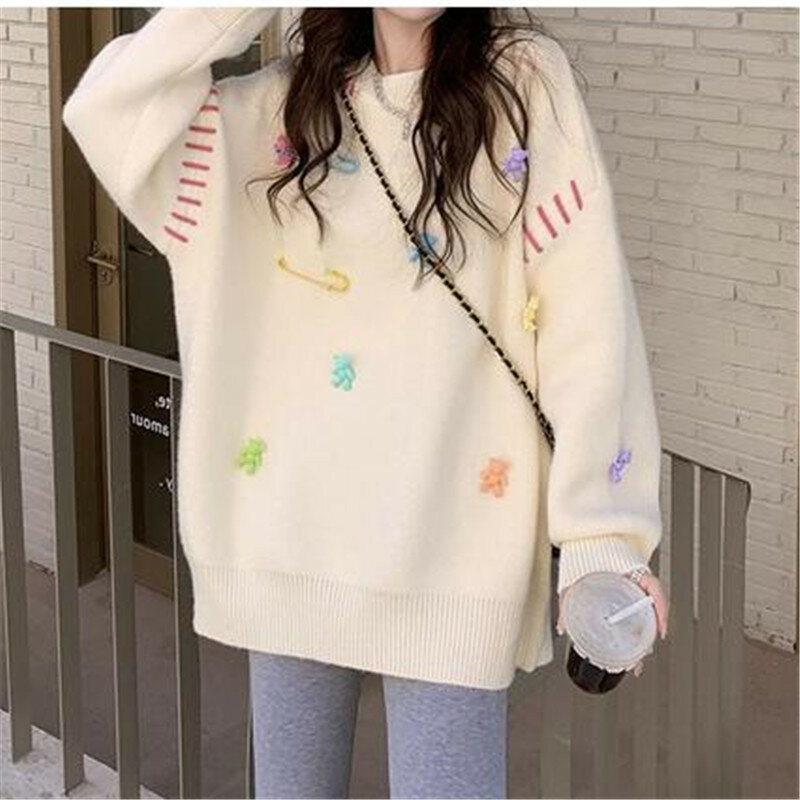 Stilvolle koreanische kawaii Pullover Frauen Herbst Winter Langarm O-Ausschnitt lose Tops Pullover lässige Mode Damen schicken Pullover 2022