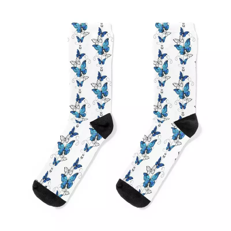 Kaus kaki kupu-kupu biru morfo dan putih kaus kaki lucu anime hadiah lucu berwarna kaus kaki wanita pria
