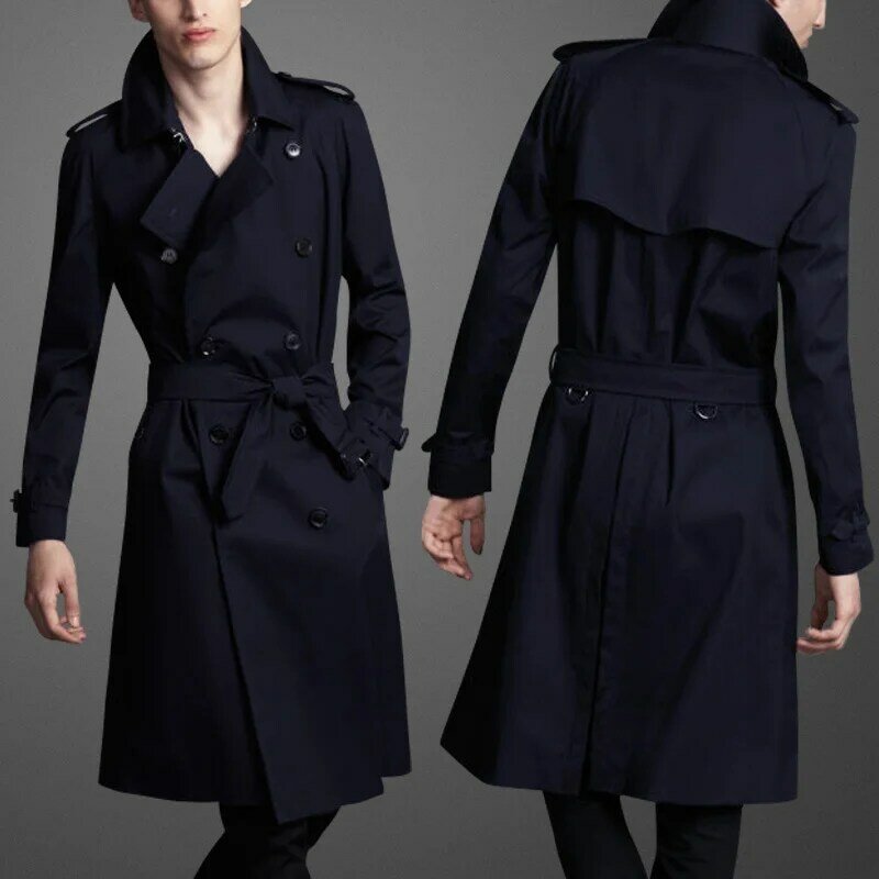 Двубортная Классическая удлиненная Мужская ветровка, пальто с поясом в британском стиле, ветровка, коричневая деловая повседневная мужская куртка X-long