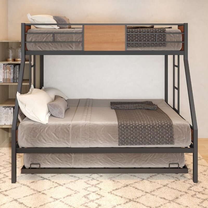 Bunk Beds with Trundle, Heavy Duty Metal Bed Frame with Safety Rail 2 Side Ladders for Boys Girls Adults,No Box Spring Needed