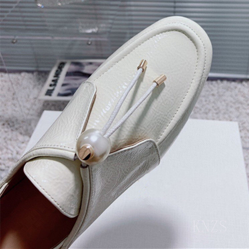 2024 Spring New Womne shoes Vintage calf leather loafers with pearl drawstring flat heels Women shoes Comfortable leather shoe