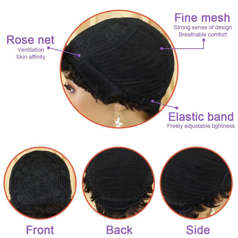 Peluca de cabello humano liso y corto para mujeres negras, pelo brasileño con corte Pixie, hecho a máquina, peluca peruana barata con flequillo perruque