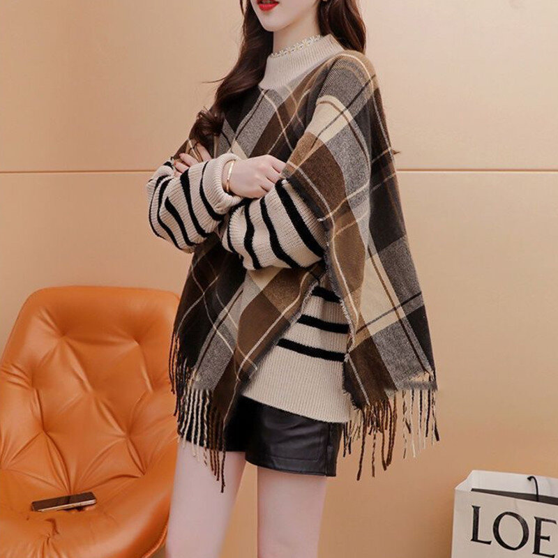 #3884 inverno falso maglione a due pezzi donna nappe sciolto maglieria irregolare Plaid Pullover maglione signore girocollo Harajuku