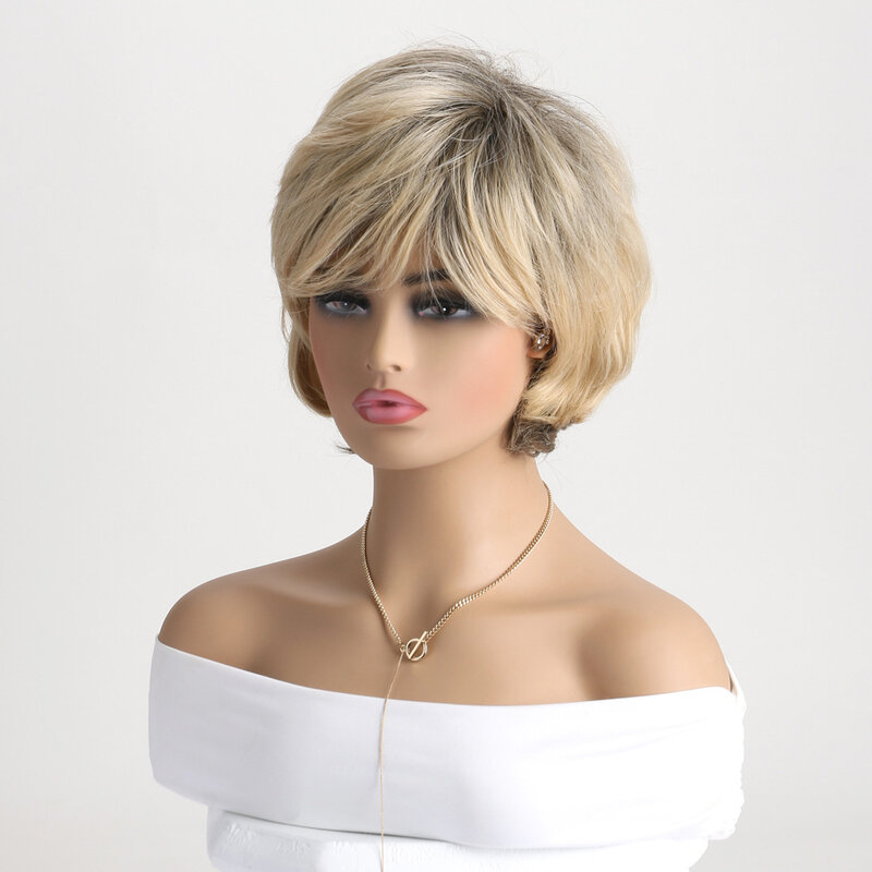 Wig potongan Pixie pirang lurus pendek sintetis dengan wig rambut poni untuk penggunaan sehari-hari wanita rambut palsu