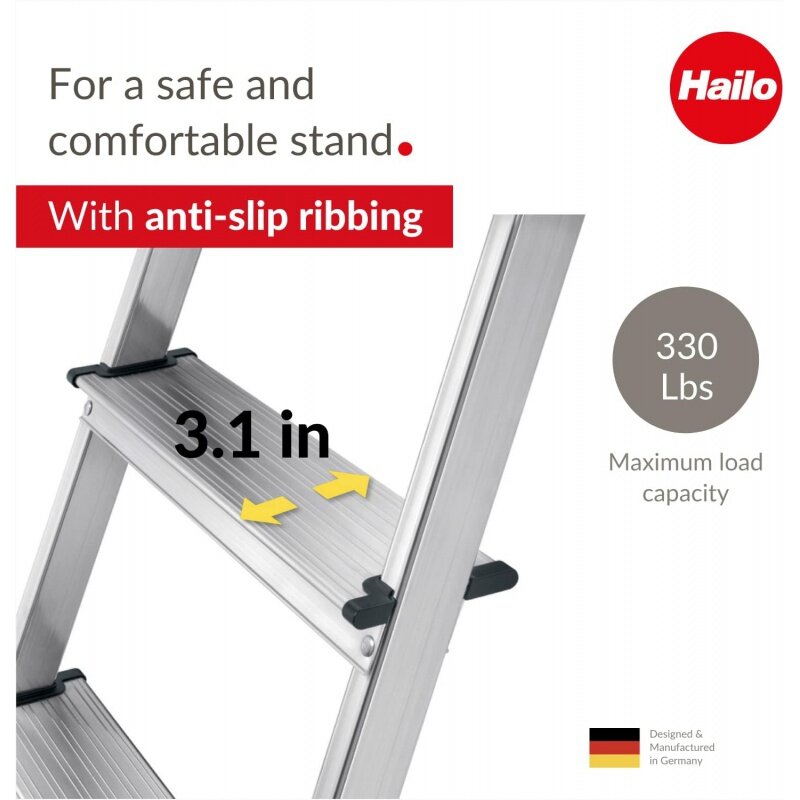 Hailo L60 StandardLine | Aluminiowa składana drabina | Osiem stopni | Zintegrowana taca przechowywanie wielofunkcyjne | Stabilna spinka do krawata Gu