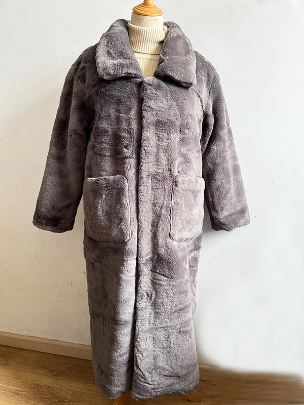 Mantel bulu imitasi Korea wanita, pakaian luar kasual jaket bulu palsu panjang halus 2023