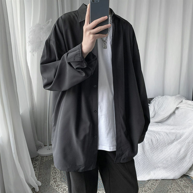 Baju Kancing Pria Tabir Surya Sensasi Kendur Sutra Es Tren Atasan Mantel Gaya Hong Kong Fashion Streetwear Putih Lengan Panjang 2022