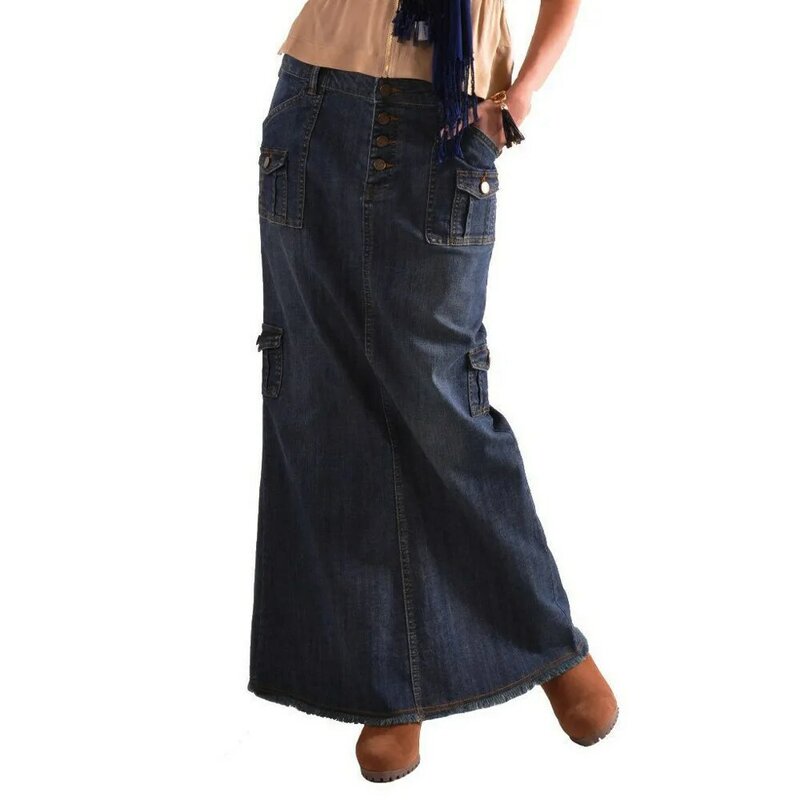 Multi Pockets High Waist Jeans Long Skirts Front Zipper Women 2024 New Streetwear A Line Retro Denim Skirt Female Elegant