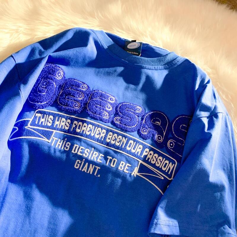 Fashion Preppy Retro Klein Blue Flocking Embroidery T Shirts  Oversized Short Sleeve Tops 2022 Summer Plus Size Casual Men Women