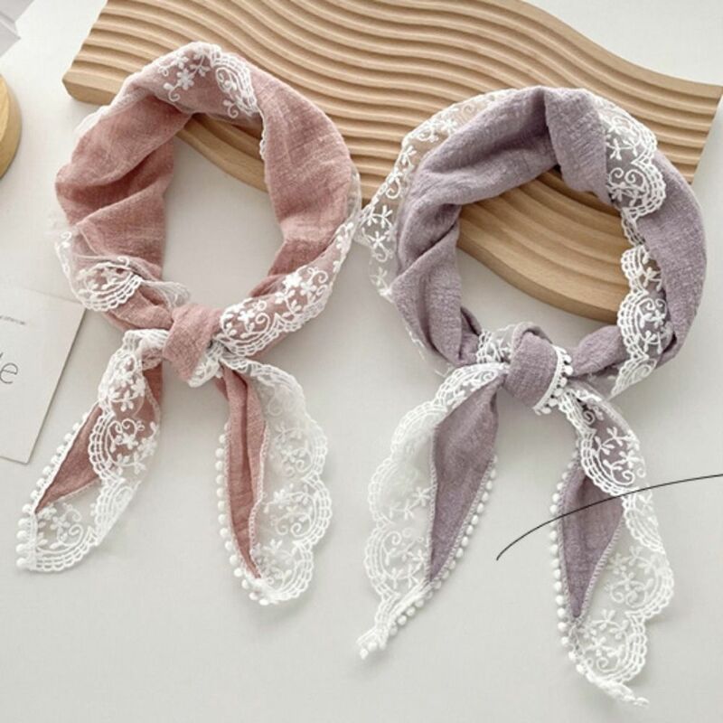 Solid Lace Hair Scarf Temperament Headband Cotton Linen Sweet Neckerchief Soft Wrap Hair Band Triangle Scarves Women