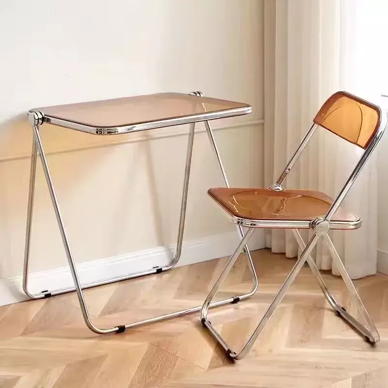 Mesa dobrável transparente e combinação cadeira, mobiliário de escritório minimalista, estudo e mesa maquiagem