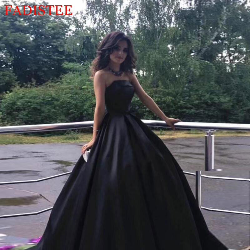 Nieuwe Stijl Prom Dresses Eenvoudige Satin Strapless A-lijn Black Avond Party Jurken Robe De Soiree Floor Lengte