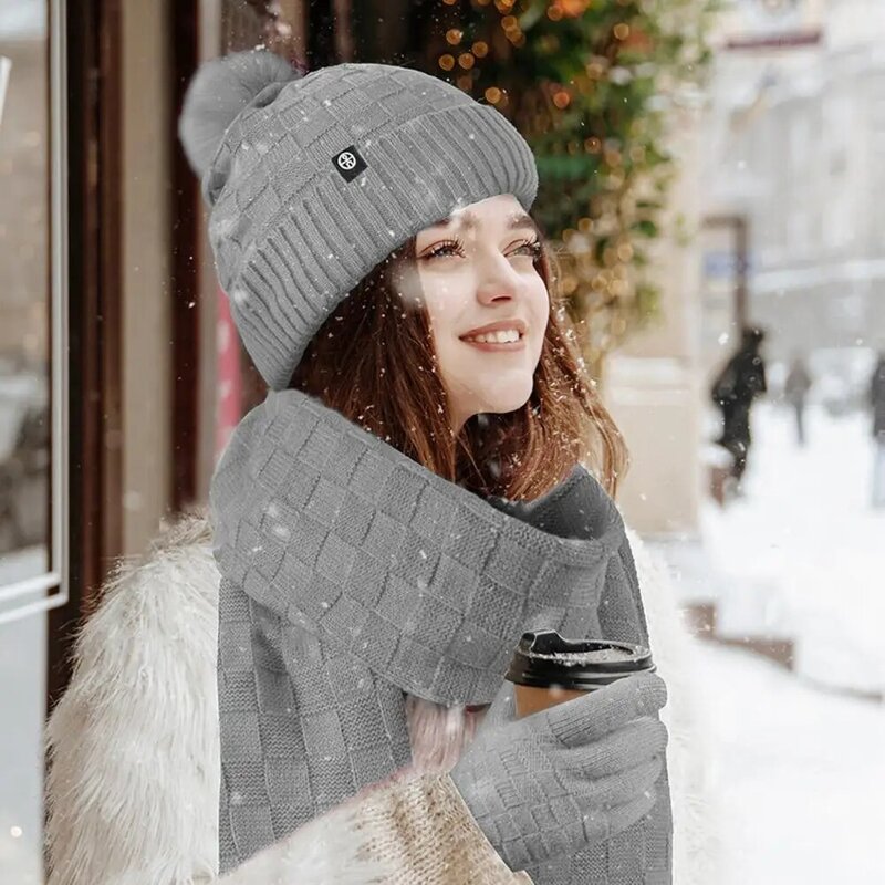 Ensemble de gants à écran tactile pour femme, ensemble de bonnet et écharpe, boule en peluche, hiver, 3 pièces