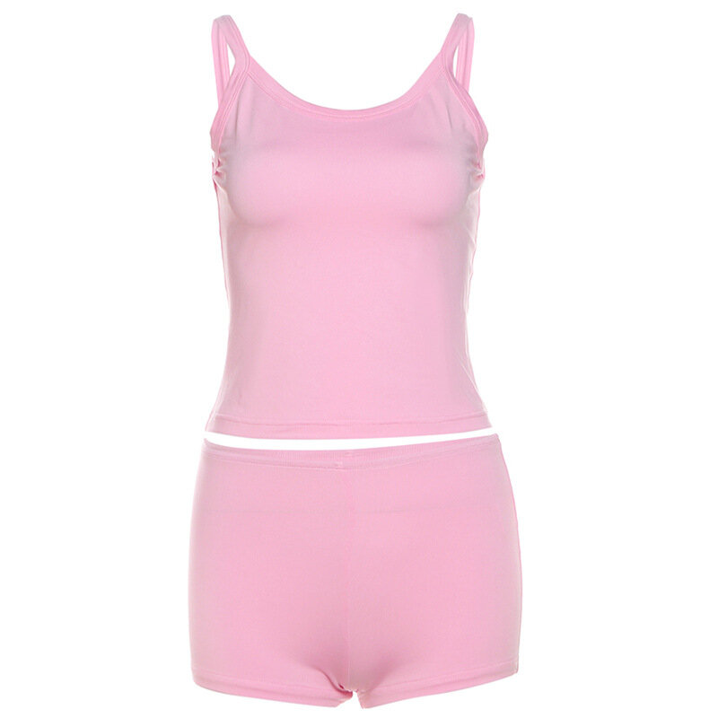 Women's Pink Pants Set  2 Pieces Top+Short Trousers Sleeveless Summer Short Mini Vest Hot Girl Streetwear In Stock