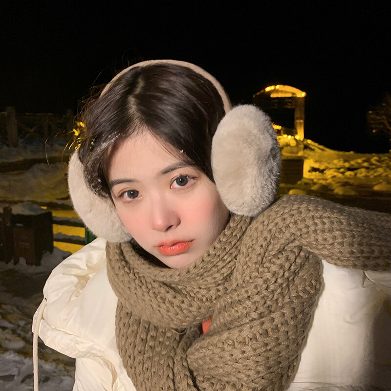 Women Winter Warm Earmuffs Fluffy Fold Burger Shape Headphone Ear Cover Soft Cashmere Boy Girl Solid Fake Fur Earflap Unisex
