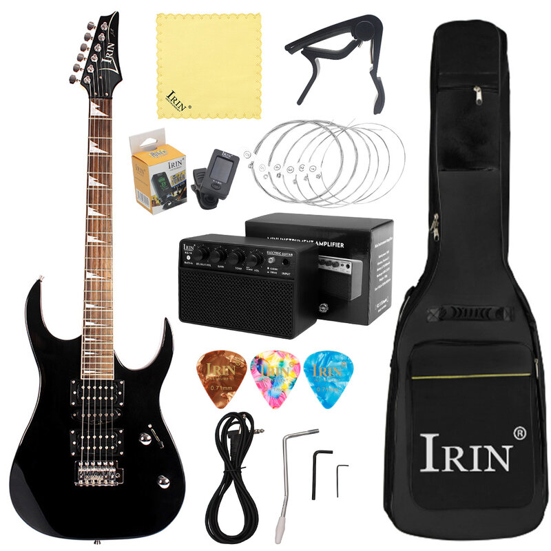 IRIN-Guitarra Elétrica Preta Com Saco, Corpo De Bege, 24 Trastos, 6 Cordas, Sintonizador, Capo Pick, Pano De Limpeza, Peças