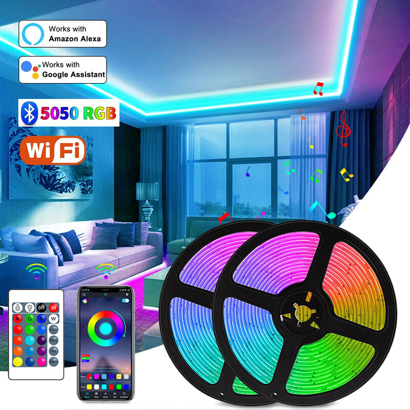 Tira de Luces LED con USB, cinta de lámpara de decoración de habitación, 1-30M, RGB 5050, Bluetooth, Control por aplicación, diodo Flexible, retroiluminación de TV