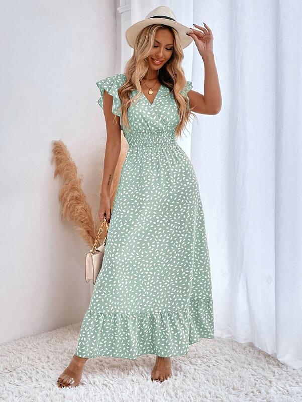 Amazon grenz überschreiten der Außenhandel europäische und amerikanische Damen bekleidung Frühjahr/Sommer Mode V-Ausschnitt Taille langes Kleid High Wai