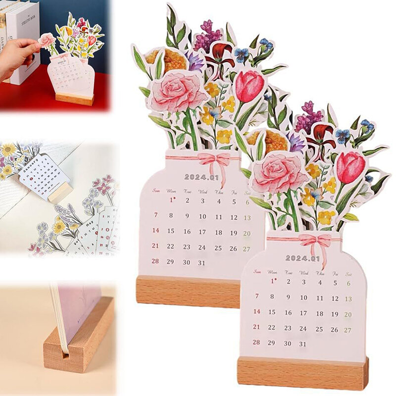 Kalender meja bunga Bloomy baru 2024 perlengkapan dekorasi kalender kartu kayu kreatif kualitas tinggi Desktop