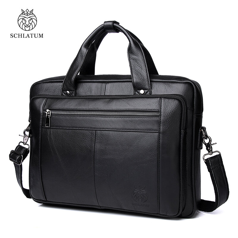 SCHLATUM Genuine Leather  Briefcase Men Business Luxury Crossbody Bag Fashion Cowhide Shoulder Messenger Handbag 15.6 Inches