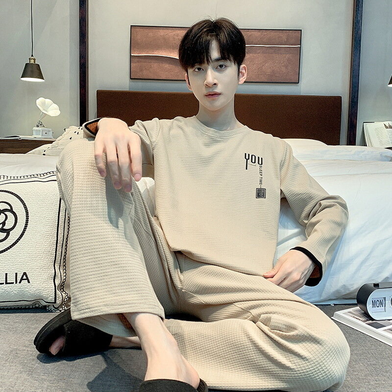 New Men's Pajamas Cotton Long Sleeved Pants Set Simple and Loose Fitting Casual Youth Home Wear in Spring and Autumn and Winter