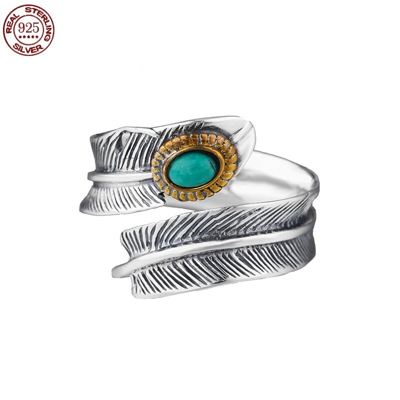 แหวนขนนกเทอร์ควอยส์สีเงินสเตอร์ลิง S925ปรับได้สำหรับผู้ชายและย้อนยุคสำหรับผู้หญิงเทรนด์แหวนใส่นิ้วแบบฝังเฉพาะบุคคล