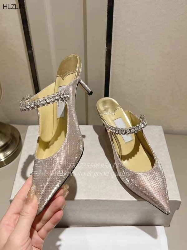 2023 musim panas baru runcing berlian imitasi obashed sandal seksi hak tinggi setengah tarik versi Korea sepatu wanita