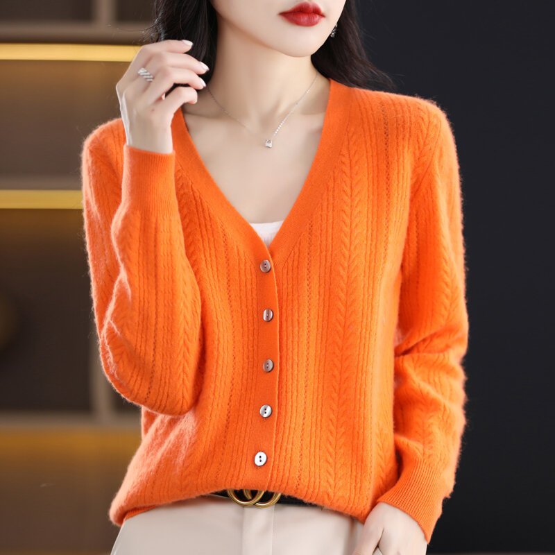 Nova primavera outono lã pura cardigan feminino com decote em v merino lã jaqueta de malha 2023 coreano westernized pure color versátil topo