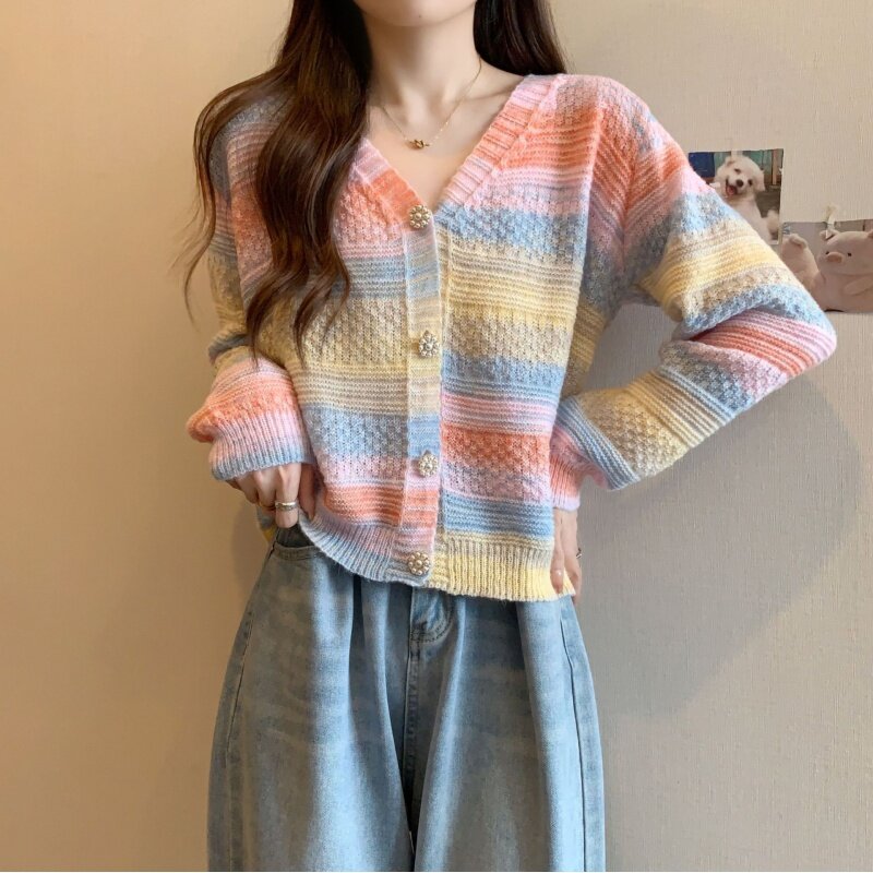 2024 Autumn Rainbow Striped Thin Hollow Knitted Cardigan Women Korean Style Gentle Loose Outerwear Sweater Coat