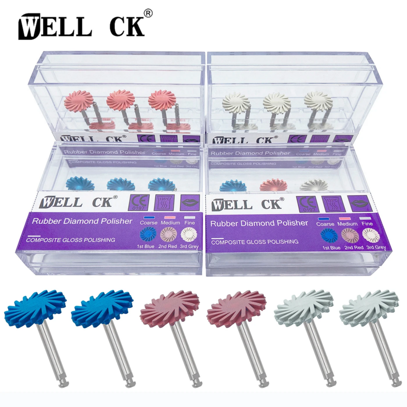 Wellck 6 pçs/set dental polidor de borracha composto resina polimento diamante sistema ra disco kit 14mm roda espiral flex escova burs