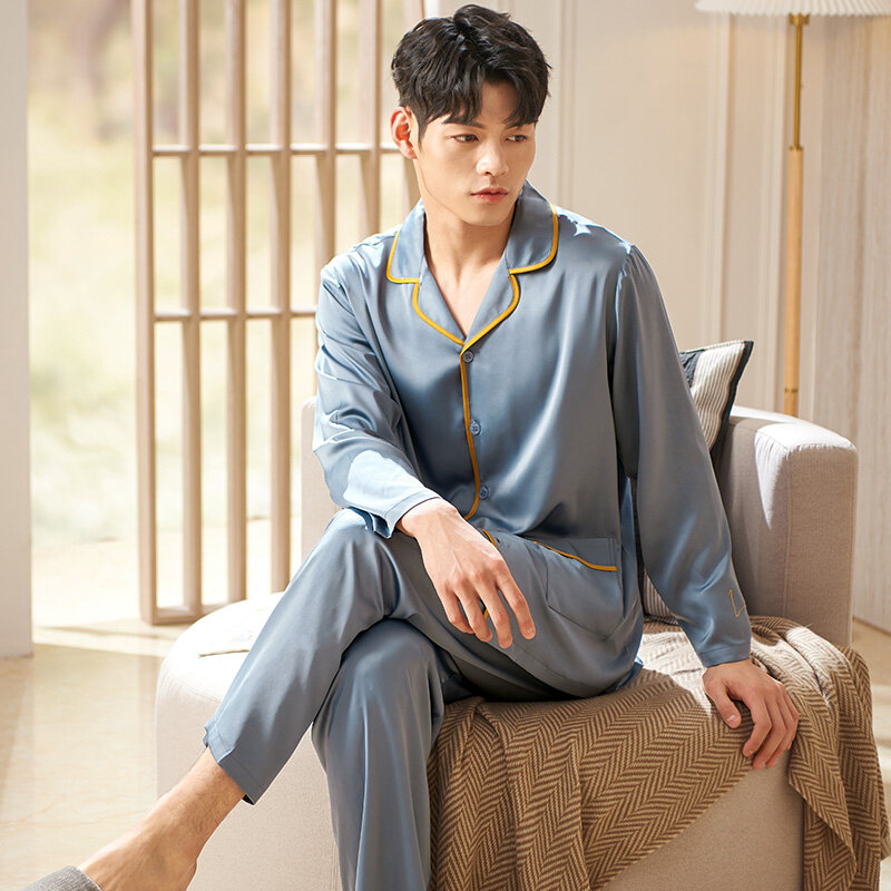 Conjuntos de pijama de seda satinada para hombre, ropa de dormir de manga larga, conjunto de dos piezas de M-XXXL de yardas grandes con cuello en V, novedad de primavera
