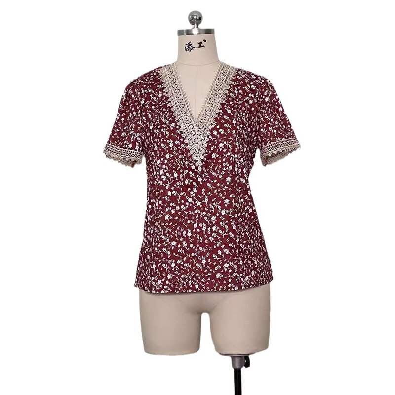 Женская кружевная рубашка с V-образным вырезом, в стиле пэчворк