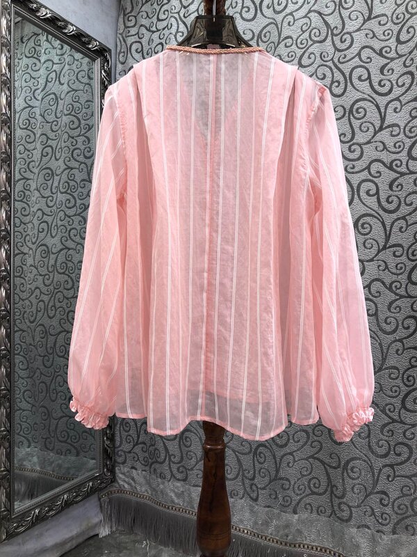 lingzhiwu Striped Blouse 2024 Spring Female Weave V-Neck Loose Pullovers Top New Arrive