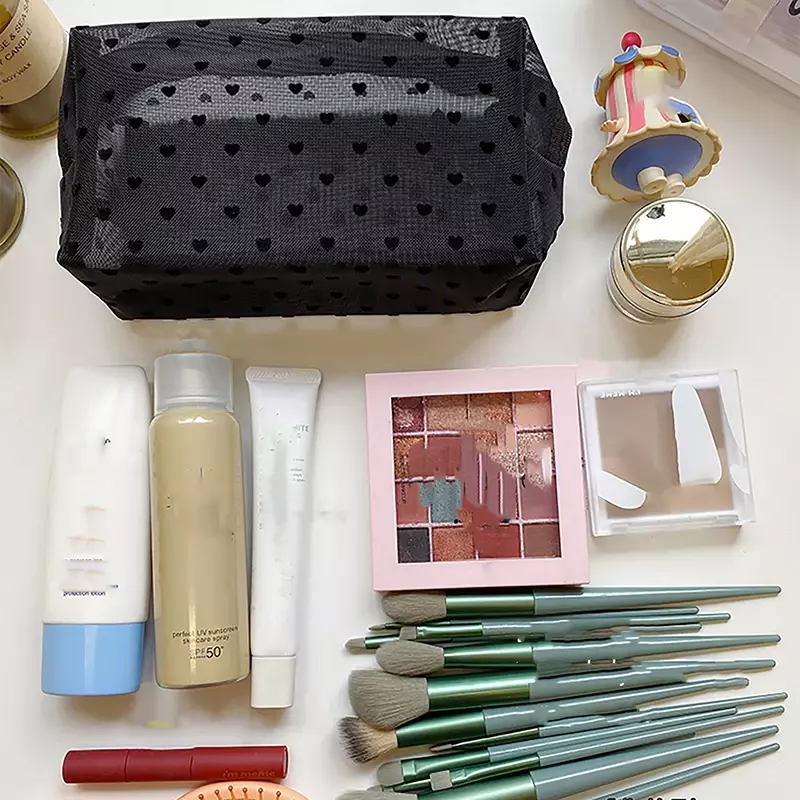 1pc Love Print Mesh Cosmetic Bag Portable Toiletry Organizer Makeup Bag Multifunction Transparent Women Lipstick Storage Pouch