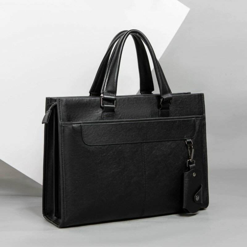 High-quality Handbag Leather Briefcase Male Large Capacity Business Computer Bag Men Document Case with a Gift Key Bag
