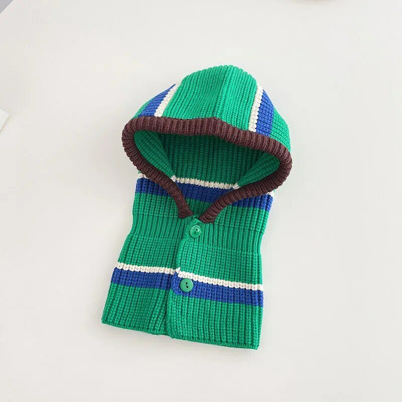 Kid Stripe Knit Hooded Hat Scarf Boy Girl Buttons Cap Scarves 2022 Child Baby Winter Outdoor Keep Warm Wear Accessories 1-6T