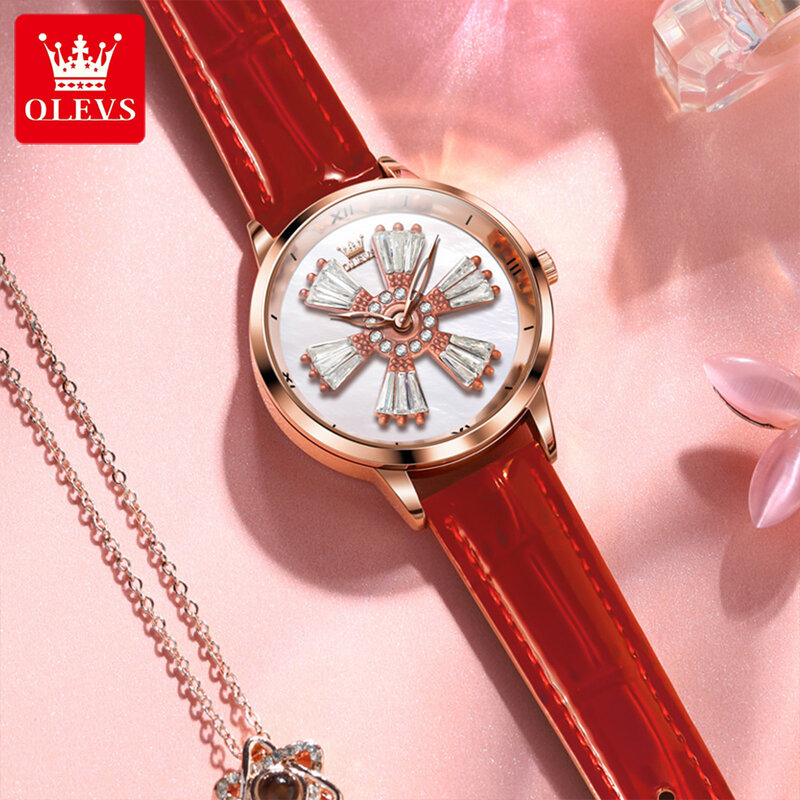 OLEVS jam tangan kristal wanita, arloji Dial kristal dapat diputar untuk wanita, gelang kulit kasual olahraga Relógio Feminino