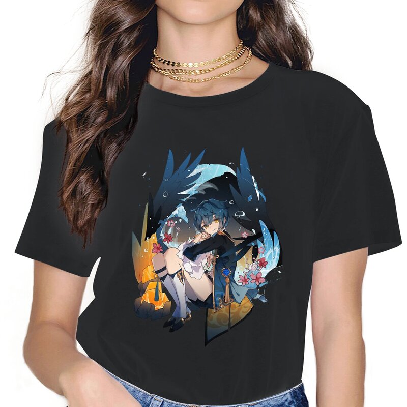 Xingqiu-Camiseta con estampado Kawaii para mujer, camiseta de manga corta con estampado de dibujos animados Genshin Impact, ropa informal Harajuku Y2k, Tops
